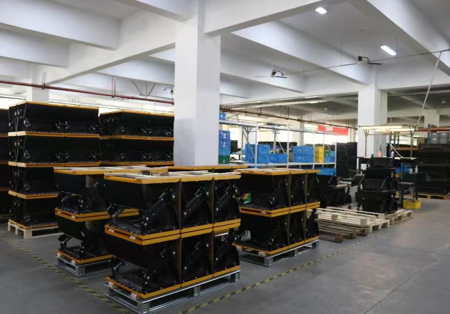 Escalator step products organized in the warehouse